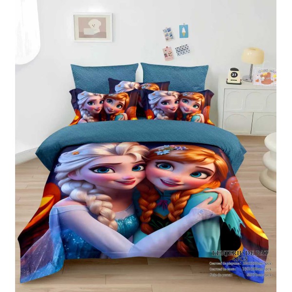 Lenjerie de Pat Dublu Finet 4 Piese cu Cearșaf Elastic – Model Frozen Elsa și Anna, LCC-080 Lenjerie de Pat Dublu Finet 4 Piese cu Cearșaf Elastic – Model Frozen Elsa și Anna, LCC-080