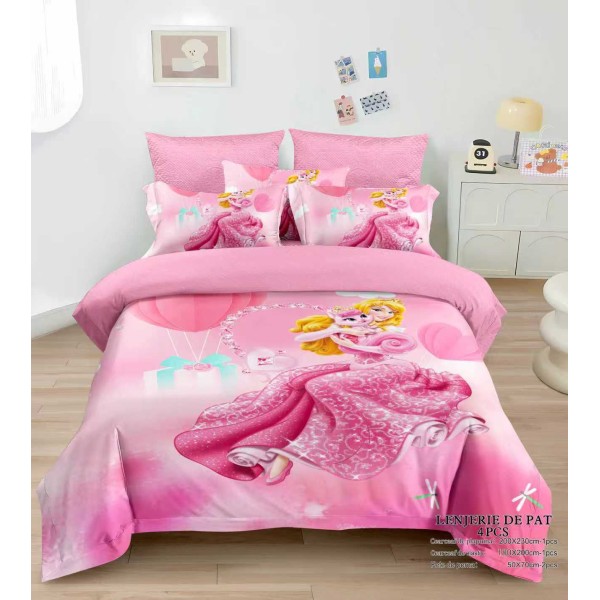 Lenjerie de Pat Dublu Finet 4 Piese cu Cearșaf Elastic – Model Prințesă Roz, LCC-082 Lenjerie de Pat Dublu Finet 4 Piese cu Cearșaf Elastic – Model Prințesă Roz, LCC-082
