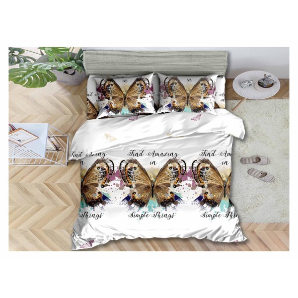 Lenjerie de Pat Dublu Bumbac Satinat 3D, 4 Piese, Model Fluturi Eleganți, LSD-019