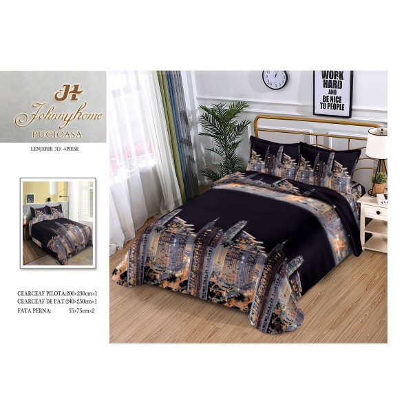 Lenjerie de Pat Dublu Bumbac Satinat 3D, 4 Piese, Model Oraș Nocturn Negru, LSD-036