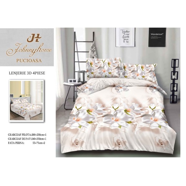 Lenjerie de Pat Dublu Bumbac Satinat 3D, 4 Piese, Model Flori Albe Elegante, LSD-040