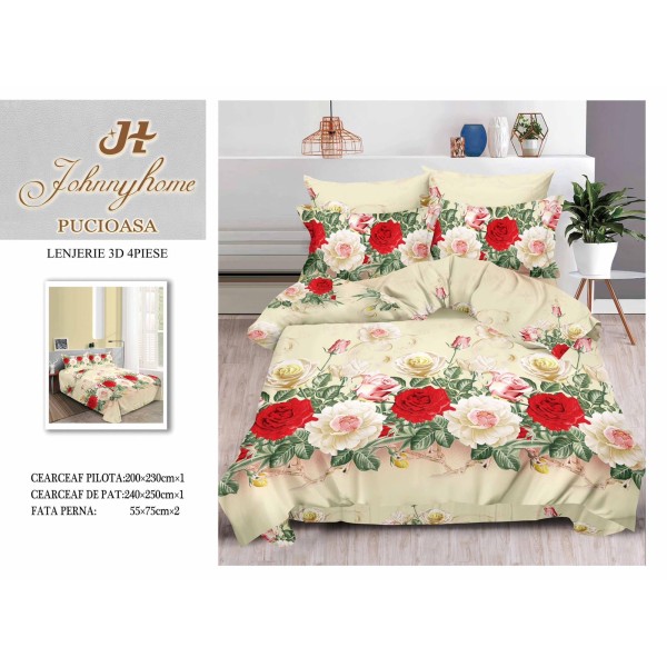 Lenjerie de Pat Dublu Bumbac Satinat 3D, 4 Piese, Model Floral Crem cu Trandafiri Roșii și Albi, LSD-048