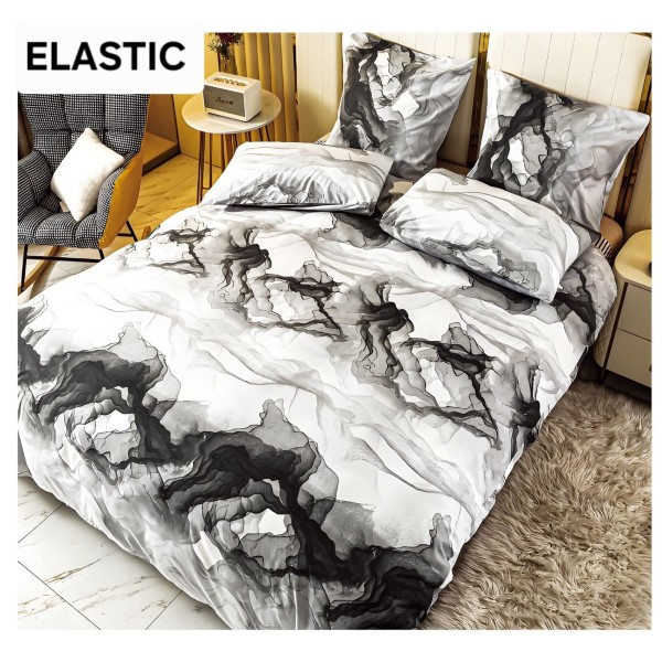 Set Lenjerie Pat Dublu Bumbac Satinat 4 Piese cu Cearșaf cu Elastic, Model Abstract Gri Alb Negru, LDBS-253 Set Lenjerie Pat Dublu Bumbac Satinat 4 Piese cu Cearșaf cu Elastic, Model Abstract Gri Alb Negru, LDBS-253