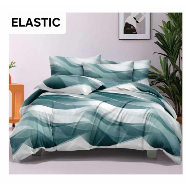 Set Lenjerie Pat Dublu Bumbac Satinat 4 Piese cu Cearșaf cu Elastic – Model Valuri Abstracte Verde Petrol și Alb, LES-028