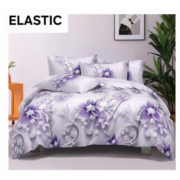 Set Lenjerie Pat Dublu Bumbac Satinat 4 Piese cu Cearșaf cu Elastic – Model Floral Mov și Gri, LES-031