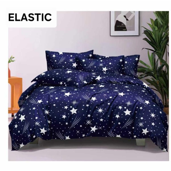 Set Lenjerie Pat Dublu Bumbac Satinat 4 Piese cu Cearșaf cu Elastic – Bleumarin cu Stelute Albe, LES-033