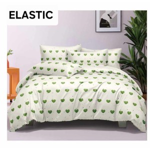 Set Lenjerie Pat Dublu Bumbac Satinat 4 Piese cu Cearșaf cu Elastic – Alb cu Inimioare Verzi, LES-037