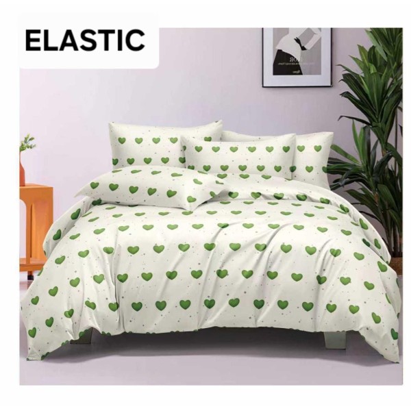Set Lenjerie Pat Dublu Bumbac Satinat 4 Piese cu Cearșaf cu Elastic – Alb cu Inimioare Verzi, LES-037