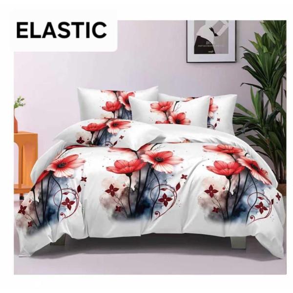 Set Lenjerie Pat Dublu Bumbac Satinat 4 Piese cu Cearșaf cu Elastic – Alb cu Flori Roșii, LES-038