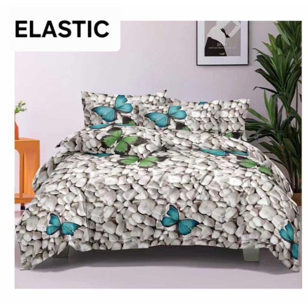 Set Lenjerie Pat Dublu Bumbac Satinat 4 Piese cu Cearșaf cu Elastic – Model Pietricele și Fluturi Albaștri, LES-039