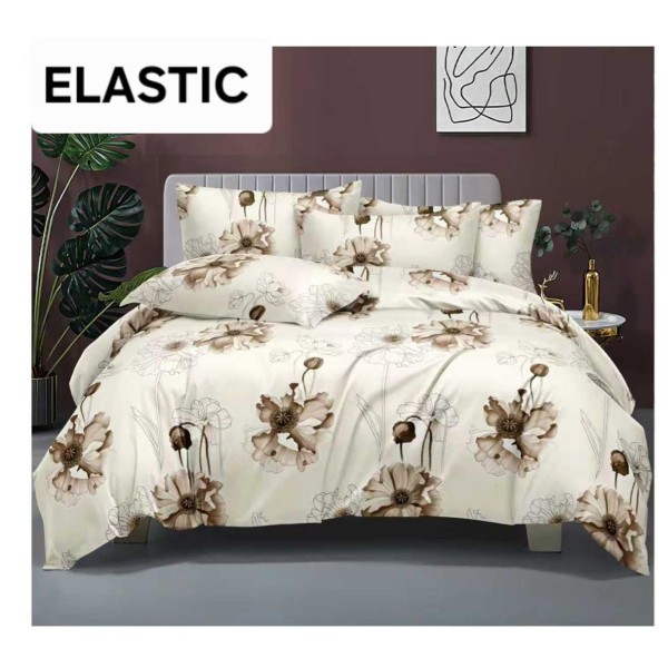 Set Lenjerie Pat Dublu Bumbac Satinat 4 Piese cu Cearșaf cu Elastic – Crem cu Flori Bej Elegante, LES-042