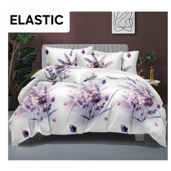 Set Lenjerie Pat Dublu Bumbac Satinat 4 Piese cu Cearșaf cu Elastic – Model Lavandă Mov, LES-046