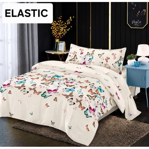 Set Lenjerie Bumbac Satinat 4 Piese Pat Dublu cu Cearșaf cu Elastic – Model Fluturi Multicolori, LDBS-345 Set Lenjerie Bumbac Satinat 4 Piese Pat Dublu cu Cearșaf cu Elastic – Model Fluturi Multicolori, LDBS-345
