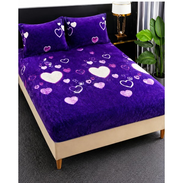 Cearșaf Cocolino cu Elastic 180x200 cm + 2 Fețe de Pernă, Model Inimioare Mov, HC-053 Cearșaf Cocolino cu Elastic 180x200 cm + 2 Fețe de Pernă, Model Inimioare Mov, HC-053