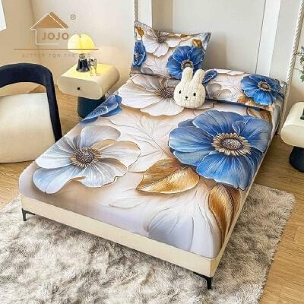 Set Husă de Pat cu Elastic 160x200 cm + 2 Fețe de Pernă 50x70 cm din Bumbac Finet – Model Flori Albastre 3D, HDF-235