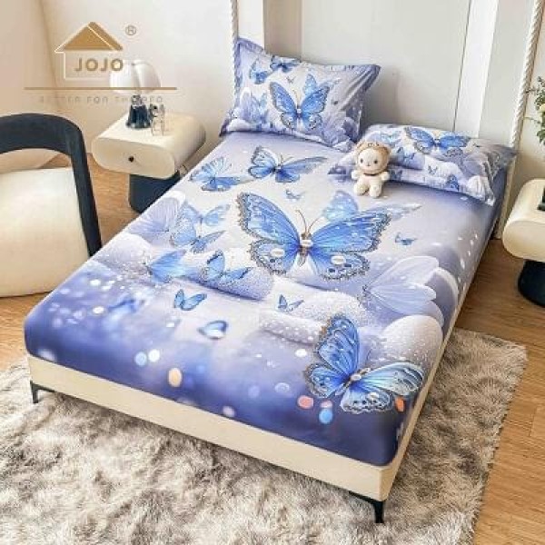 Set Husă de Pat cu Elastic 160x200 cm + 2 Fețe de Pernă 50x70 cm din Bumbac Finet – Model Fluturi Albaștri 3D, HDF-002 Set Husă de Pat cu Elastic 160x200 cm + 2 Fețe de Pernă 50x70 cm din Bumbac Finet – Model Fluturi Albaștri 3D, HDF-002