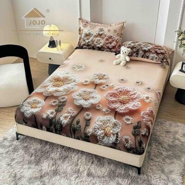 Set Husă de Pat cu Elastic 160x200 cm + 2 Fețe de Pernă 50x70 cm din Bumbac Finet – Model Flori Bej și Crem 3D, HDF-044 Set Husă de Pat cu Elastic 160x200 cm + 2 Fețe de Pernă 50x70 cm din Bumbac Finet – Model Flori Bej și Crem 3D, HDF-044