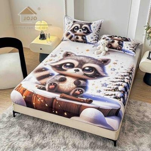 Set Husă de Pat cu Elastic 160x200 cm + 2 Fețe de Pernă 50x70 cm din Bumbac Finet – Raton Drăgălaș de Iarnă 3D, HDF-051 Set Husă de Pat cu Elastic 160x200 cm + 2 Fețe de Pernă 50x70 cm din Bumbac Finet – Raton Drăgălaș de Iarnă 3D, HDF-051