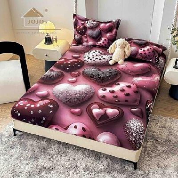 Set Husă de Pat cu Elastic 160x200 cm + 2 Fețe de Pernă 50x70 cm din Bumbac Finet – Model Inimi Roz 3D, HDF-052 Set Husă de Pat cu Elastic 160x200 cm + 2 Fețe de Pernă 50x70 cm din Bumbac Finet – Model Inimi Roz 3D, HDF-052