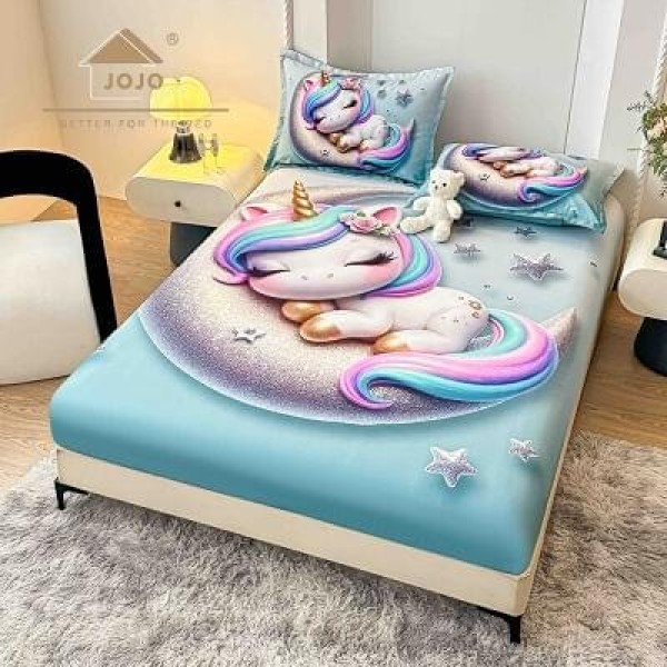 Set Husă de Pat cu Elastic 160x200 cm + 2 Fețe de Pernă 50x70 cm din Bumbac Finet – Unicorn Adormit pe Lună 3D, HDF-054 Set Husă de Pat cu Elastic 160x200 cm + 2 Fețe de Pernă 50x70 cm din Bumbac Finet – Unicorn Adormit pe Lună 3D, HDF-054