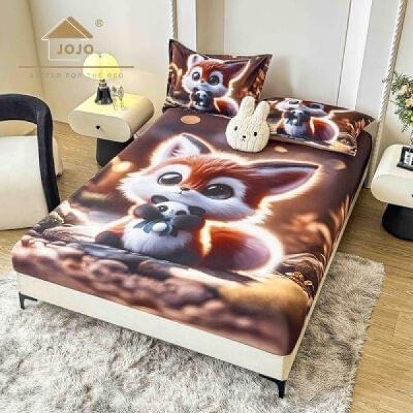 Set Husă de Pat cu Elastic 160x200 cm + 2 Fețe de Pernă 50x70 cm din Bumbac Finet – Model Vulpiță Drăgălașă 3D, HDF-058 Set Husă de Pat cu Elastic 160x200 cm + 2 Fețe de Pernă 50x70 cm din Bumbac Finet – Model Vulpiță Drăgălașă 3D, HDF-058