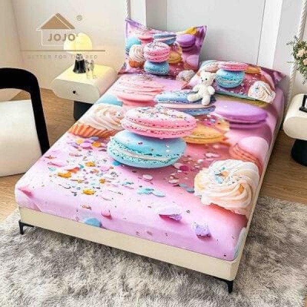 Set Husă de Pat cu Elastic 160x200 cm + 2 Fețe de Pernă 50x70 cm din Bumbac Finet – Model Macarons Colorate 3D, HDF-062 Set Husă de Pat cu Elastic 160x200 cm + 2 Fețe de Pernă 50x70 cm din Bumbac Finet – Model Macarons Colorate 3D, HDF-062