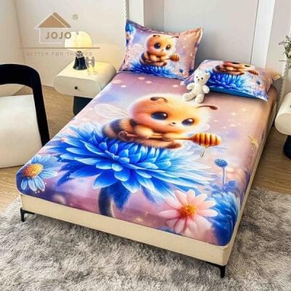 Set Husă de Pat cu Elastic 160x200 cm + 2 Fețe de Pernă 50x70 cm din Bumbac Finet – Albinuță și Flori 3D, HDF-064 Set Husă de Pat cu Elastic 160x200 cm + 2 Fețe de Pernă 50x70 cm din Bumbac Finet – Albinuță și Flori 3D, HDF-064