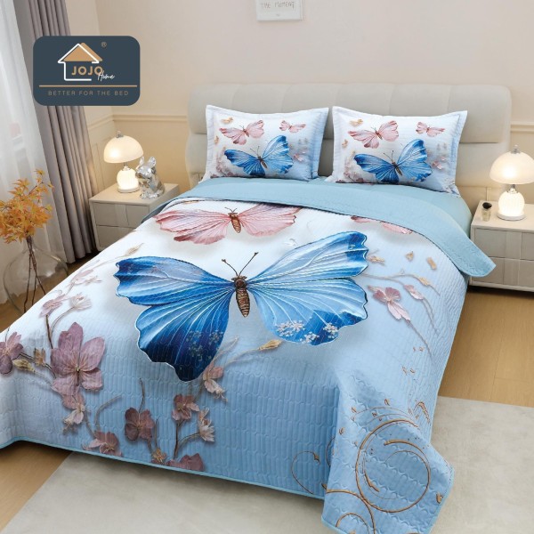Cuvertură Pat Dublu din Bumbac Finet 3 Piese 220x240 cm + 2 Fețe de Pernă 50x70 cm – Model Fluturi Albaștri, ESC-001