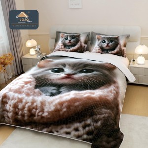 Cuvertură Pat Dublu din Bumbac Finet 3 Piese 220x240 cm + 2 Fețe de Pernă 50x70 cm – Model Pisicuță Pufoasă, ESC-002