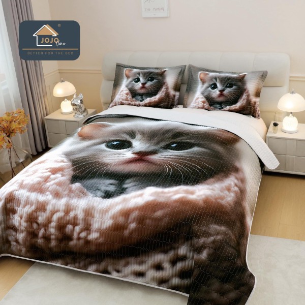 Cuvertură Pat Dublu din Bumbac Finet 3 Piese 220x240 cm + 2 Fețe de Pernă 50x70 cm – Model Pisicuță Pufoasă, ESC-002