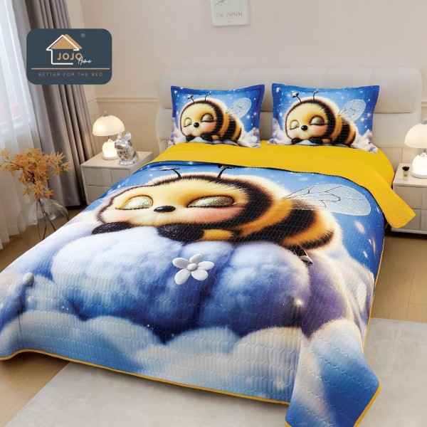 Cuvertură Pat Dublu din Bumbac Finet 3 Piese 220x240 cm + 2 Fețe de Pernă 50x70 cm – Model Albinuță Adormită, ESC-005