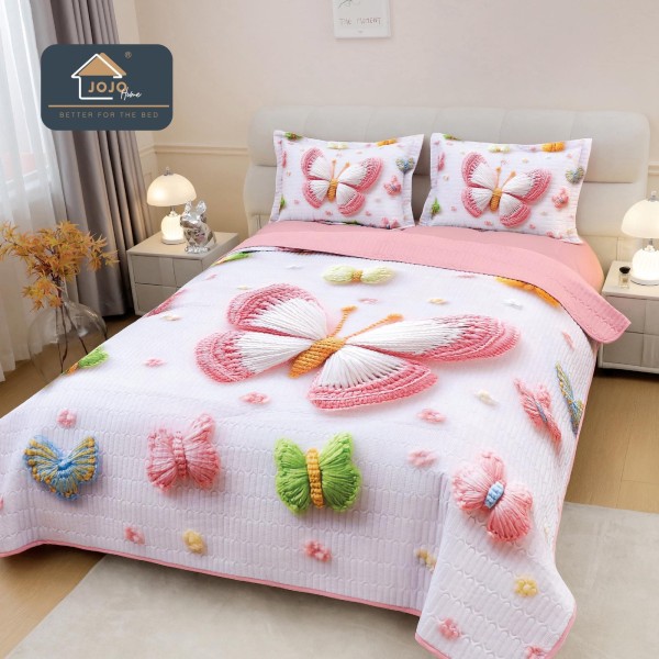 Cuvertură Pat Dublu din Bumbac Finet 3 Piese 220x240 cm + 2 Fețe de Pernă 50x70 cm – Model Fluturi Roz Pastel, ESC-006