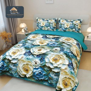 Cuvertură Pat Dublu din Bumbac Finet 3 Piese 220x240 cm + 2 Fețe de Pernă 50x70 cm – Model Flori 3D, ESC-011