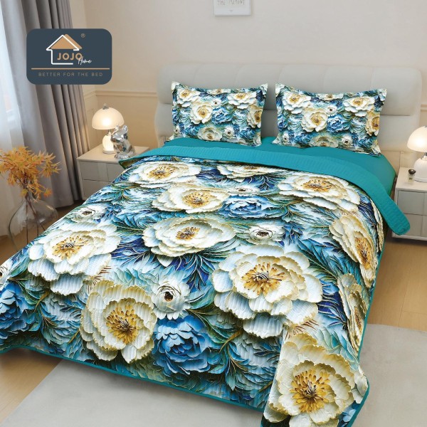 Cuvertură Pat Dublu din Bumbac Finet 3 Piese 220x240 cm + 2 Fețe de Pernă 50x70 cm – Model Flori 3D, ESC-011