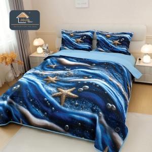 Cuvertură Pat Dublu din Bumbac Finet 3 Piese 220x240 cm + 2 Fețe de Pernă 50x70 cm – Stele de Mare Albastre, ESC-013