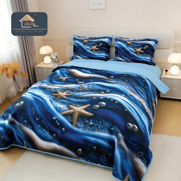 Cuvertură Pat Dublu din Bumbac Finet 3 Piese 220x240 cm + 2 Fețe de Pernă 50x70 cm – Stele de Mare Albastre, ESC-013