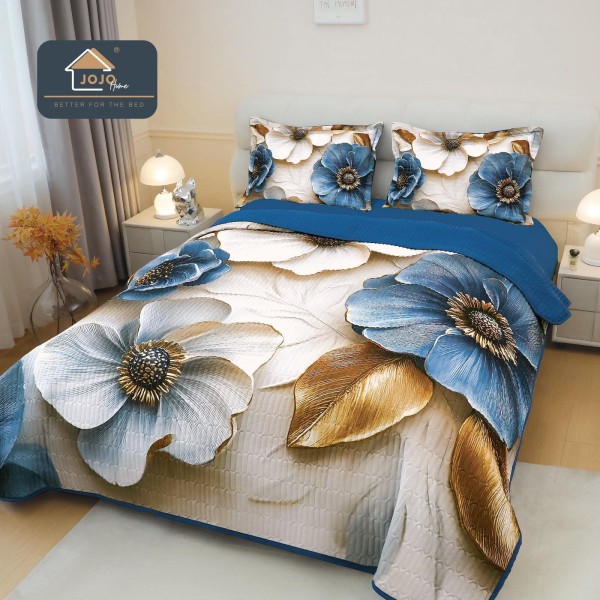 Cuvertură Pat Dublu din Bumbac Finet 3 Piese 220x240 cm + 2 Fețe de Pernă 50x70 cm – Flori Albastre și Frunze, ESC-014