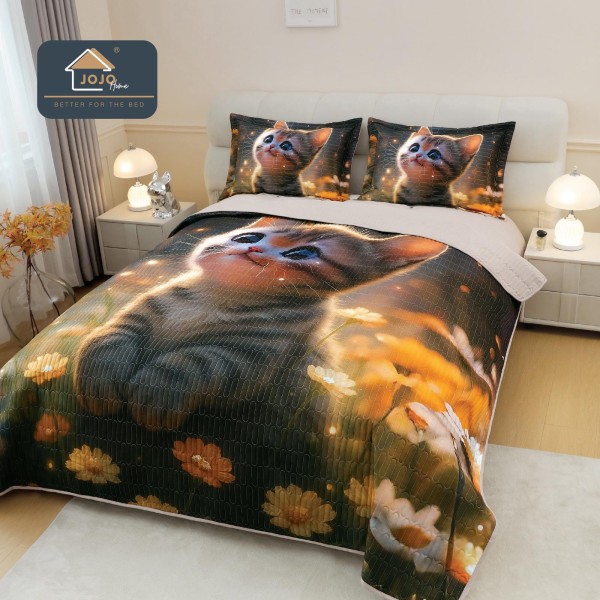 Cuvertură Pat Dublu din Bumbac Finet 3 Piese 220x240 cm + 2 Fețe de Pernă 50x70 cm – Pisicuță Pufoasă, ESC-015