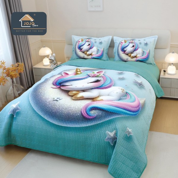 Cuvertură Pat Dublu din Bumbac Finet 3 Piese 220x240 cm + 2 Fețe de Pernă 50x70 cm – Unicorn Adormit Turcoaz, ESC-016