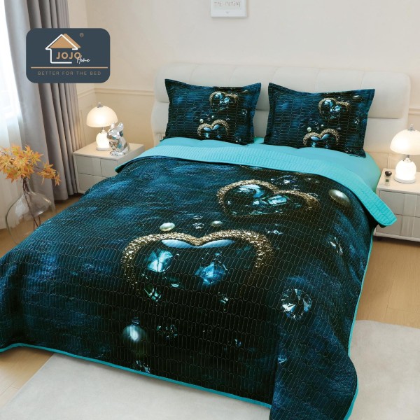 Cuvertură Pat Dublu din Bumbac Finet 3 Piese 220x240 cm + 2 Fețe de Pernă 50x70 cm – Model Inimi Albastre, ESC-017 Cuvertură Pat Dublu din Bumbac Finet 3 Piese 220x240 cm + 2 Fețe de Pernă 50x70 cm – Model Inimi Albastre, ESC-017