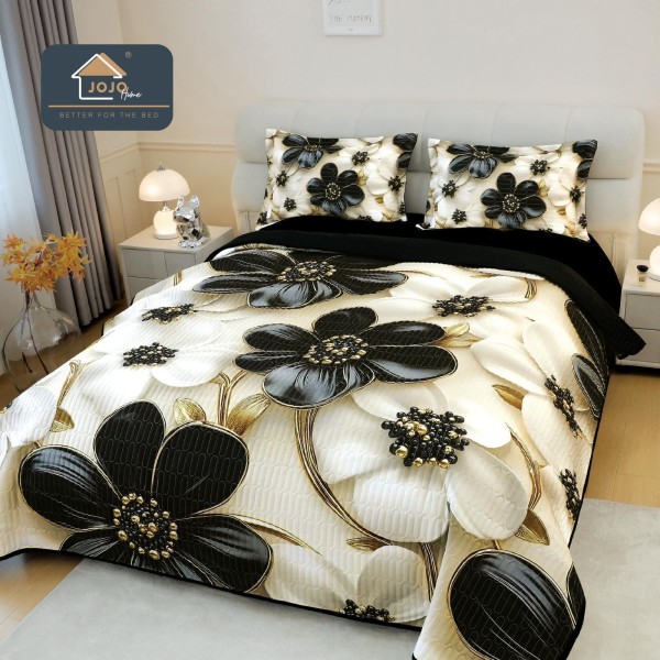 Cuvertură Pat Dublu din Bumbac Finet 3 Piese 220x240 cm + 2 Fețe de Pernă 50x70 cm – Model Flori Alb-Negru, ESC-018