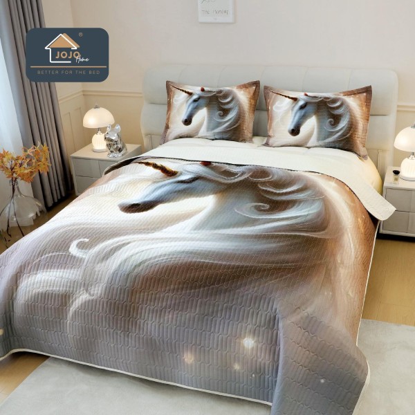 Cuvertură Pat Dublu din Bumbac Finet 3 Piese 220x240 cm + 2 Fețe de Pernă 50x70 cm – Model Unicorn Alb Bej, ESC-019 Cuvertură Pat Dublu din Bumbac Finet 3 Piese 220x240 cm + 2 Fețe de Pernă 50x70 cm – Model Unicorn Alb Bej, ESC-019