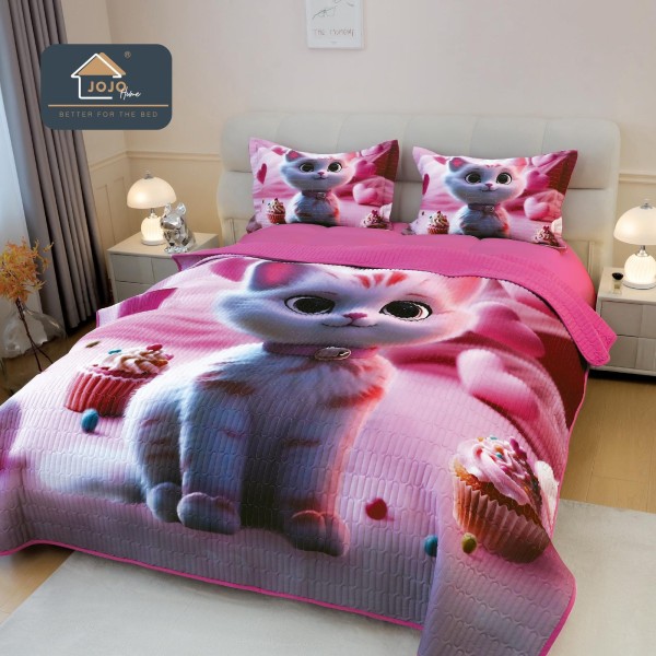 Cuvertură Pat Dublu din Bumbac Finet 3 Piese 220x240 cm + 2 Fețe de Pernă 50x70 cm – Model Pisicuță Roz, ESC-021 Cuvertură Pat Dublu din Bumbac Finet 3 Piese 220x240 cm + 2 Fețe de Pernă 50x70 cm – Model Pisicuță Roz, ESC-021