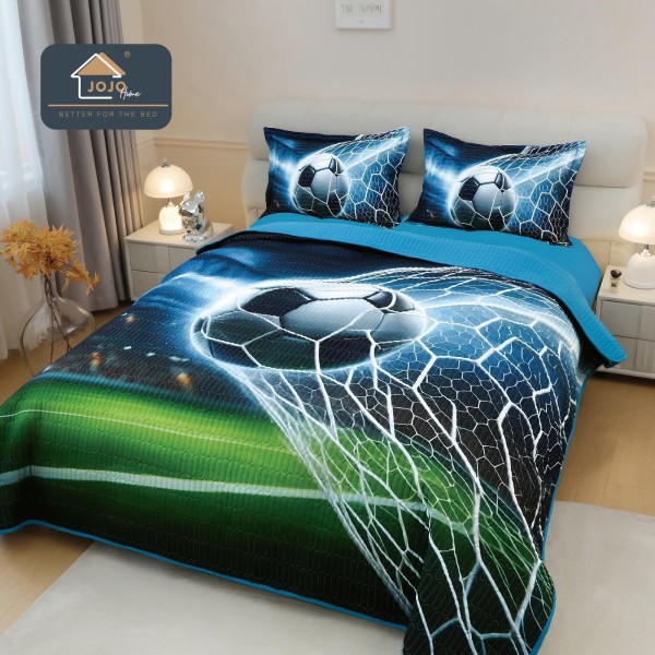 Cuvertură Pat Dublu din Bumbac Finet 3 Piese 220x240 cm + 2 Fețe de Pernă 50x70 cm – Model Minge de Fotbal, ESC-022 Cuvertură Pat Dublu din Bumbac Finet 3 Piese 220x240 cm + 2 Fețe de Pernă 50x70 cm – Model Minge de Fotbal, ESC-022