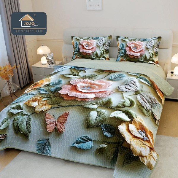 Cuvertură Pat Dublu din Bumbac Finet 3 Piese 220x240 cm + 2 Fețe de Pernă 50x70 cm – Model Floral Roz cu Fluturi, ESC-023