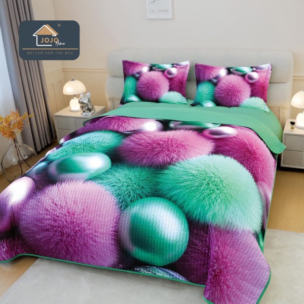 Cuvertură Pat Dublu din Bumbac Finet 3 Piese 220x240 cm + 2 Fețe de Pernă 50x70 cm – Puf Colorat Mov și Turcoaz, ESC-024 Cuvertură Pat Dublu din Bumbac Finet 3 Piese 220x240 cm + 2 Fețe de Pernă 50x70 cm – Puf Colorat Mov și Turcoaz, ESC-024