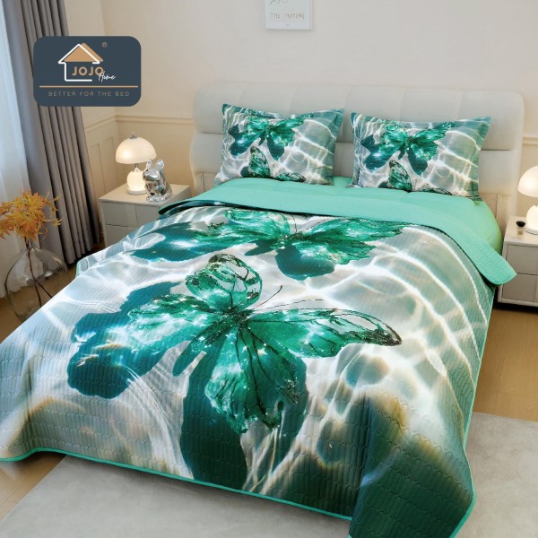 Cuvertură Pat Dublu din Bumbac Finet 3 Piese 220x240 cm + 2 Fețe de Pernă 50x70 cm – Model Fluturi Turcoaz 3D, ESC-027 Cuvertură Pat Dublu din Bumbac Finet 3 Piese 220x240 cm + 2 Fețe de Pernă 50x70 cm – Model Fluturi Turcoaz 3D, ESC-027