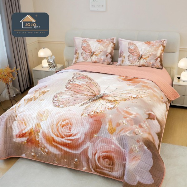 Cuvertură Pat Dublu din Bumbac Finet 3 Piese 220x240 cm + 2 Fețe de Pernă 50x70 cm – Fluture Roz și Trandafiri, ESC-031
