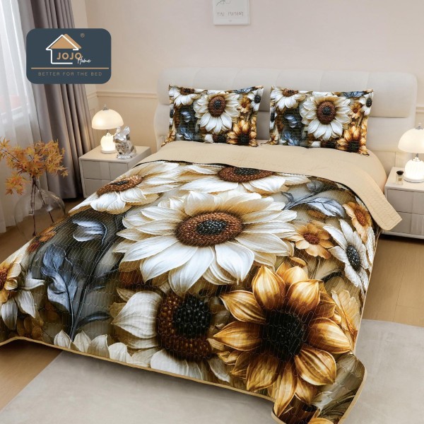 Cuvertură Pat Dublu din Bumbac Finet 3 Piese 220x240 cm + 2 Fețe de Pernă 50x70 cm – Floarea-Soarelui Bej, ESC-033