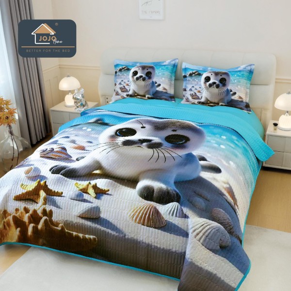 Cuvertură Pat Dublu din Bumbac Finet 3 Piese 220x240 cm + 2 Fețe de Pernă 50x70 cm – Focă pe Plajă, Turcoaz, ESC-035